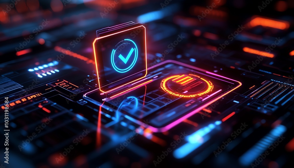 Poster Closeup of a holographic display of a document management system with files and glowing checkmarks