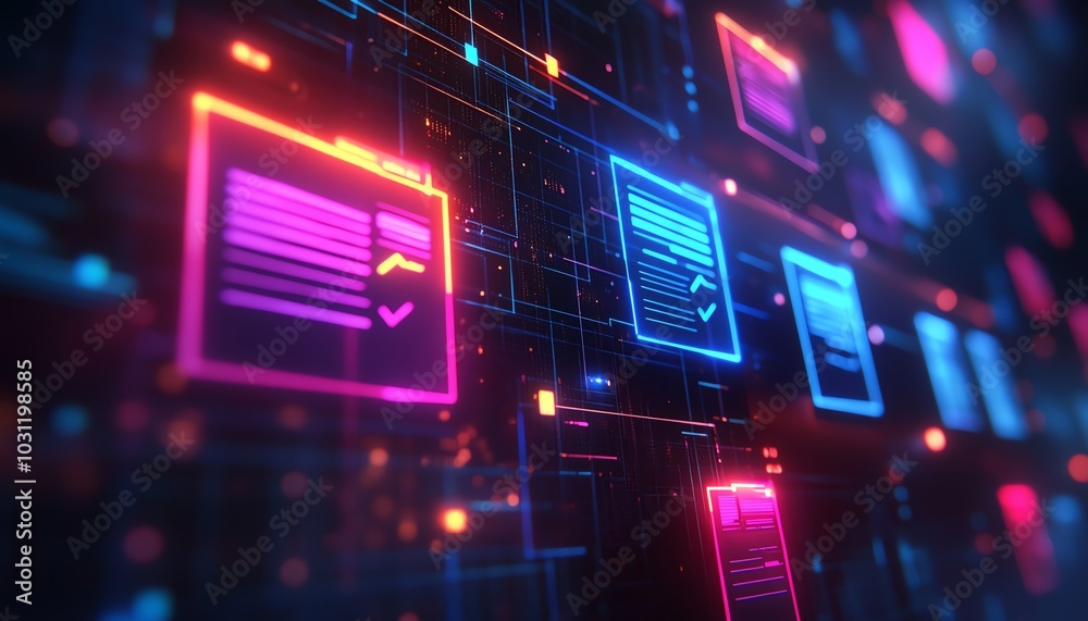 Poster Closeup of a holographic display of a document management system with files and glowing checkmarks