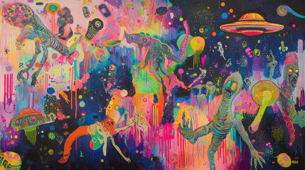 vibrant and psychedelic painting of alien party, filled with colorful creatures and cosmic