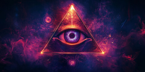 Illuminati symbol. A digital art illustration of the All Seeing Eye in a triangle, a symbol often associated with conspiracies, mystic beliefs, and the Illuminati.