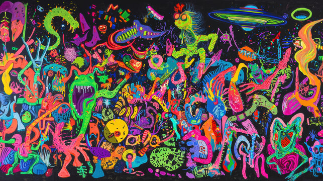 vibrant and psychedelic painting of alien party filled with colorful creatures and shapes