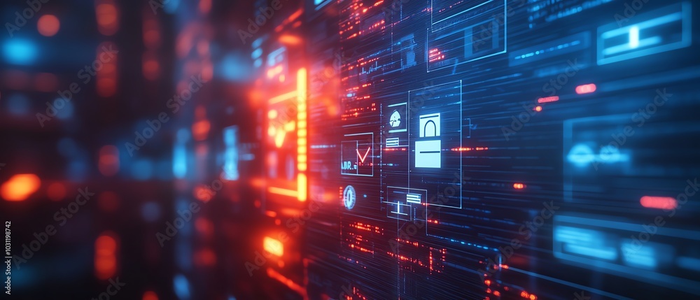 Poster Closeup of digital security interface with document icons and checkmarks
