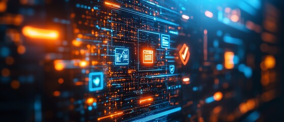 Closeup of digital security interface with document icons and checkmarks
