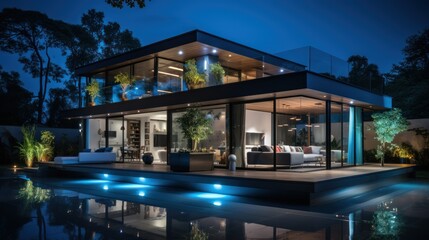 Fototapeta premium Modern House with Swimming Pool at Night