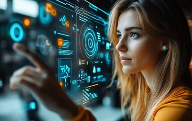 Dynamic image of a woman using her finger to interact with holographic AI icons