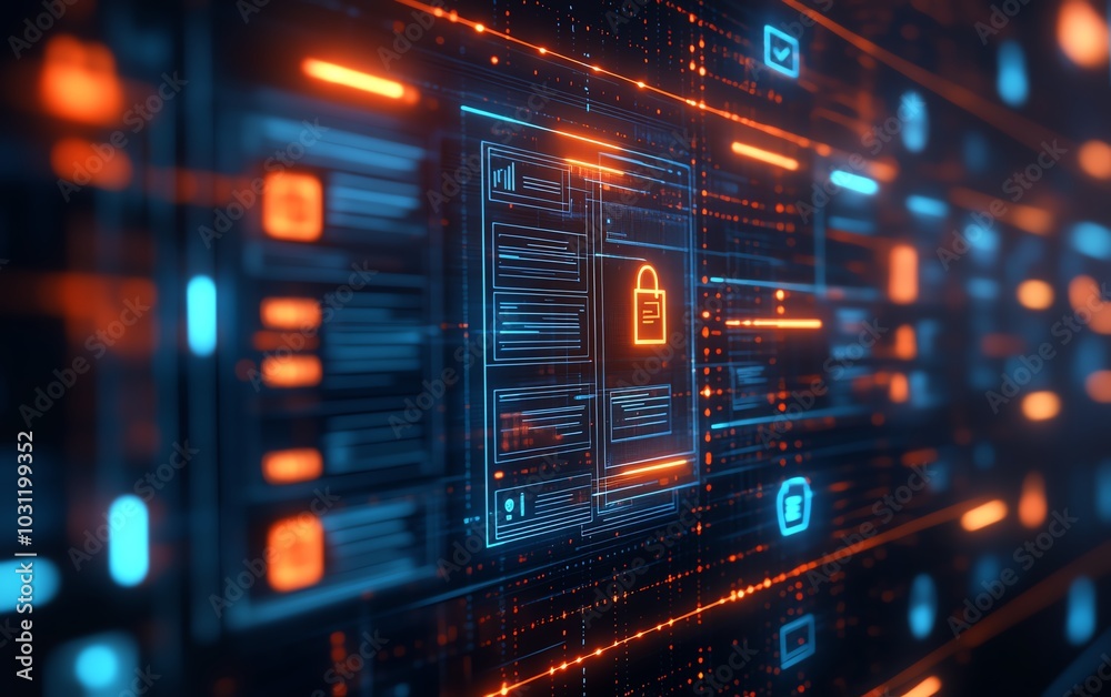 Aufkleber Dynamic view of a digital security interface with document icons and vibrant checkmarks