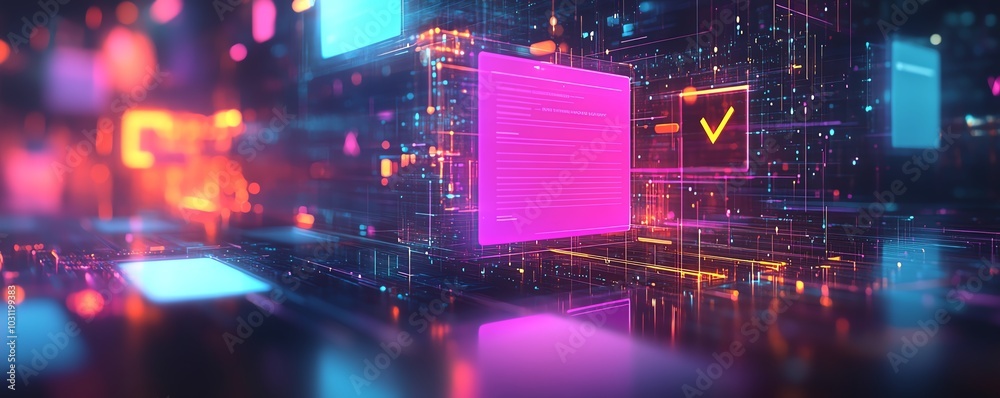 Aufkleber Futuristic document management system hologram displaying files and glowing checkmarks