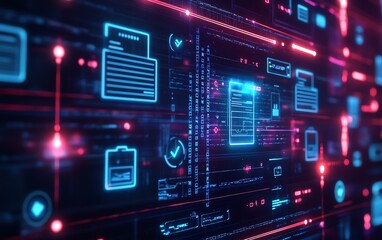Dynamic view of a digital security interface with document icons and vibrant checkmarks