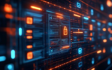 Fototapeta premium Dynamic view of a digital security interface with document icons and vibrant checkmarks