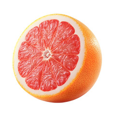 Halved grapefruit displaying vibrant pink flesh against white background. Freshness and citrus fruit concept for healthy living.