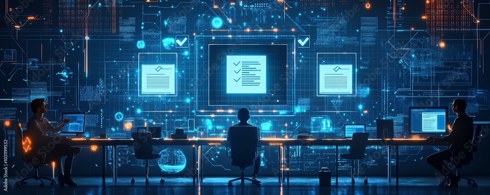 Poster Illustration of a digital security interface featuring document icons marked with checkmarks