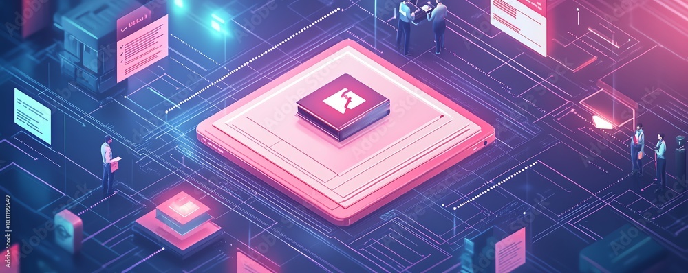Poster Illustration of a digital security interface featuring document icons marked with checkmarks