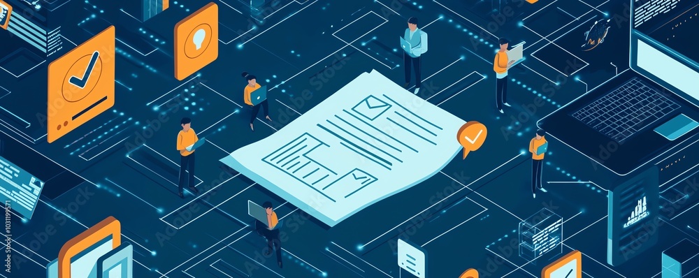 Poster Illustration of a digital security interface featuring document icons marked with checkmarks