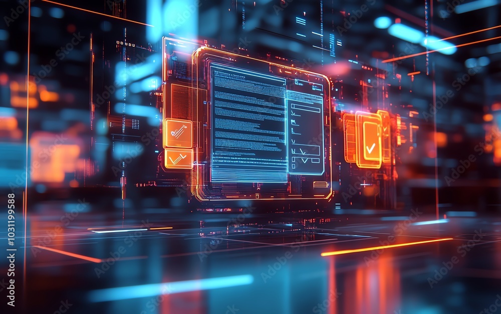 Aufkleber Illustration of a futuristic document management system hologram displaying files and checkmarks