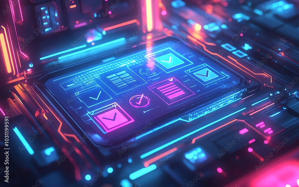 Leinwandbilder Illustration of a futuristic document management system hologram displaying files and checkmarks
