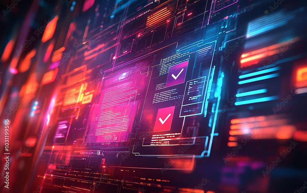 Leinwandbilder illustration of a futuristic document management system hologram displaying files and checkmarks
