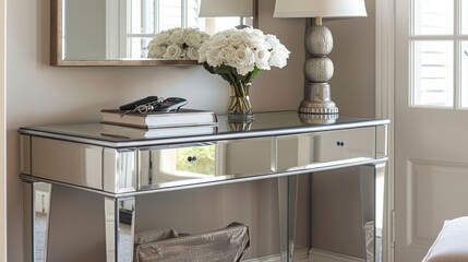 A mirrored console table with a single drawer, adorned with white flowers and a decorative lamp. The table sits in a well-lit room with a simple and elegant design.
