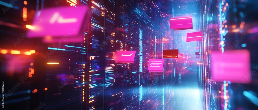 Poster Visual representation of a holographic document management system with floating files and illuminated checkmarks