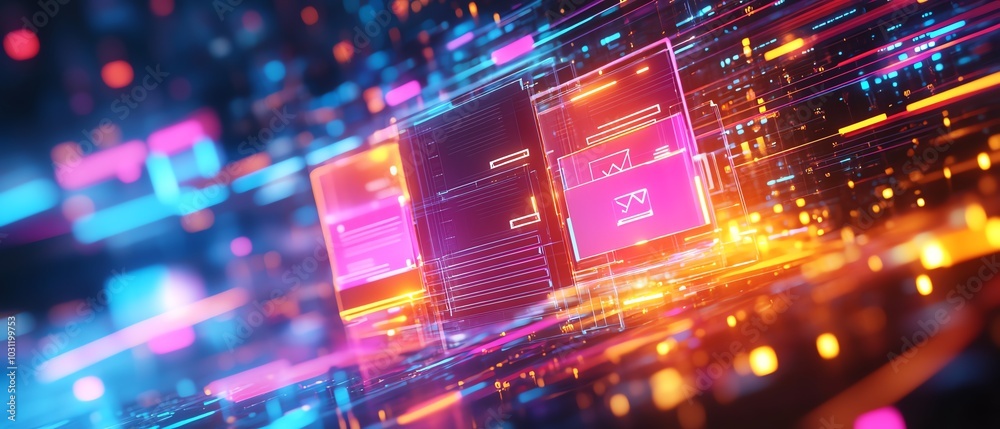 Poster Visual representation of a holographic document management system with floating files and illuminated checkmarks