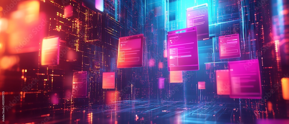 Poster Visual representation of a holographic document management system with floating files and illuminated checkmarks