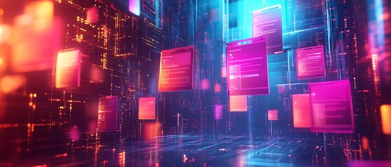 Fototapeta premium Visual representation of a holographic document management system with floating files and illuminated checkmarks