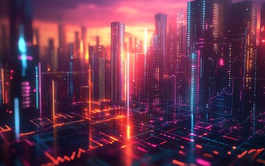 Fototapeta premium 3D rendering of digital financial charts and arrows overlaying a modern cityscape