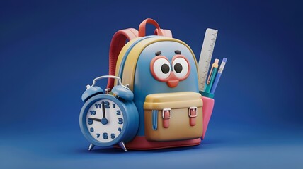 Funny school backpack with alarm clock and school supplies. Back to school concept on blue background with space for writing text. 3D rendering. 3D illustration. White background.