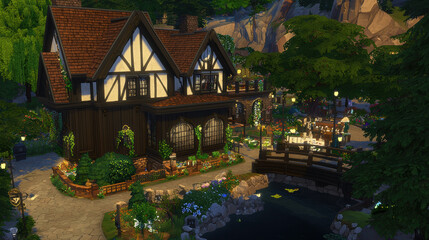 Obraz premium charming house surrounded by lush greenery and serene pond, creating peaceful atmosphere