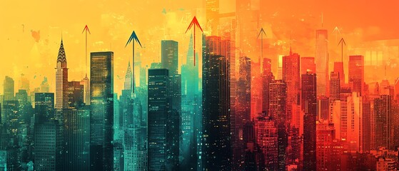 Artistic representation of digital financial charts with arrows overlaid on a modern city skyline