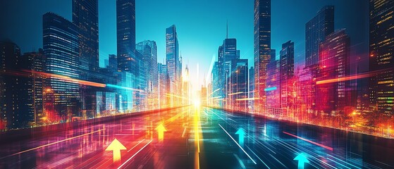 Fototapeta premium Artistic representation of digital financial charts with arrows overlaid on a modern city skyline
