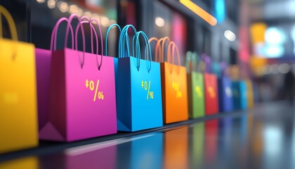 Closeup 3D rendering of a POS terminal with colorful shopping bags and dynamic percentage symbols
