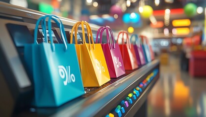 Closeup 3D rendering of a POS terminal with colorful shopping bags and dynamic percentage symbols
