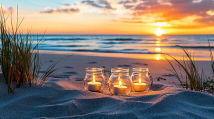 Tranquil Beach Sunset with Candles on Soft Sand