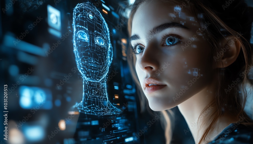 Fototapete visual representation of a serious woman using a tablet to interact with a chatbot