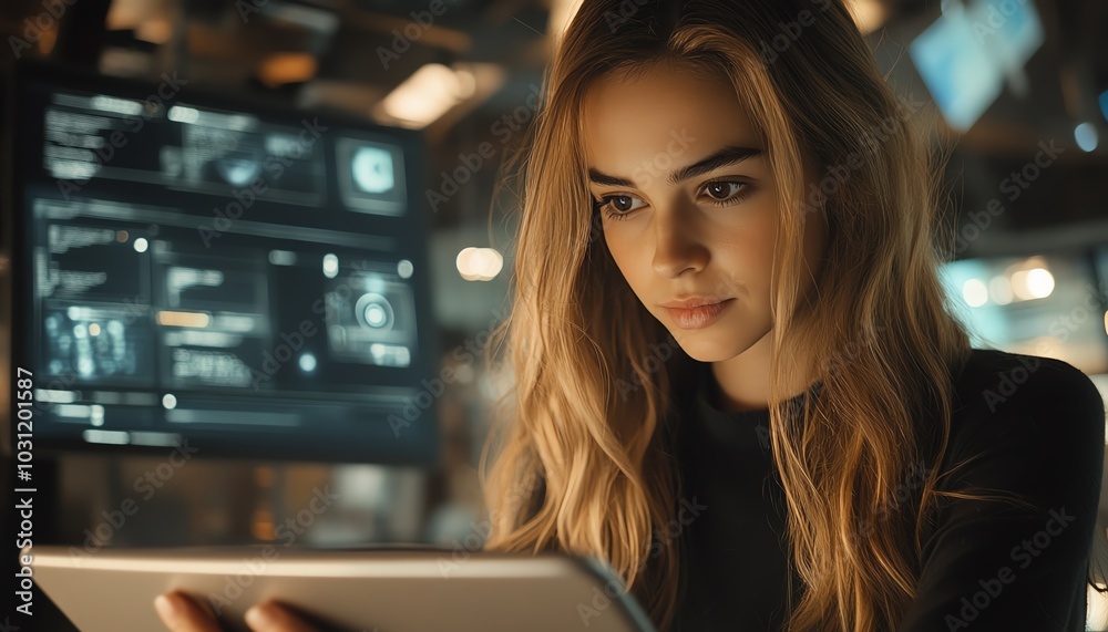 Poster Visual representation of a serious woman using a tablet to interact with a chatbot