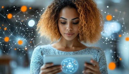Naklejka premium Visual representation of a serious woman using a tablet to interact with a chatbot