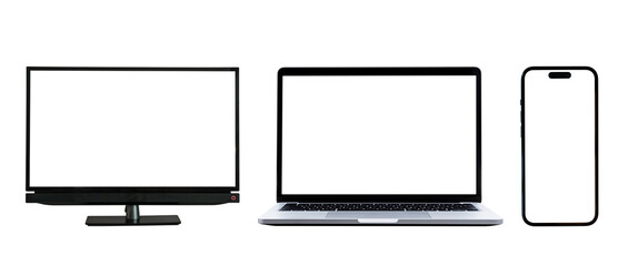 Laptop computer, mobile phone and monitor with blank screen isolated on transparent background, PNG File