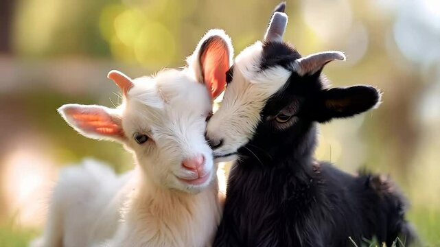 Two young goats playing in flower meadow background. Agriculture and livestock industry concept. Animal husbandry. Farming lifestyle, farmland. Close-up view