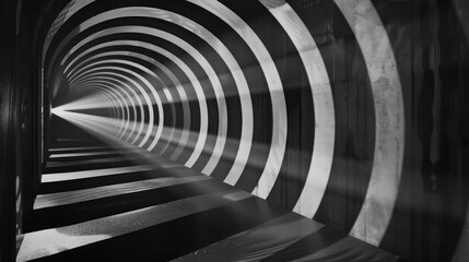 Black and white abstract photo of a hallway with a hypnotic, swirling pattern on the walls. The light at the end of the hallway creates a dramatic contrast.