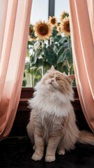 Attentive fluffy cat sitting on windowsill with potted plants in natural light