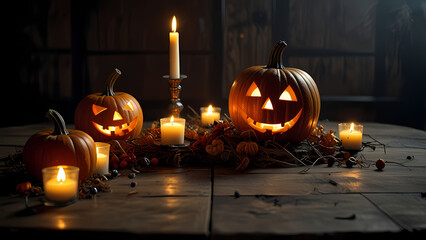 old, rustic wooden table surrounded by Halloween decorations