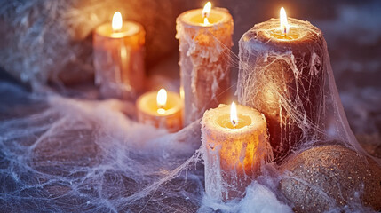 Candlelight flickers in spooky setting with cobwebs and shadows