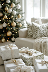 Beautifully wrapped gifts with bows by the Christmas tree