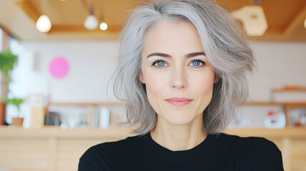 A confident woman with gray hair smiles at the camera.