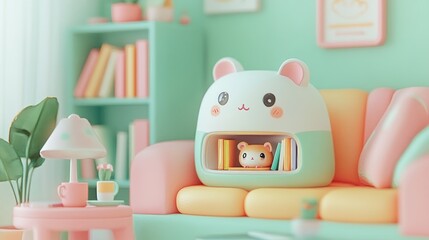 Adorable cartoon hamster sitting on a couch with books inside a bookshelf shaped like a hamster.