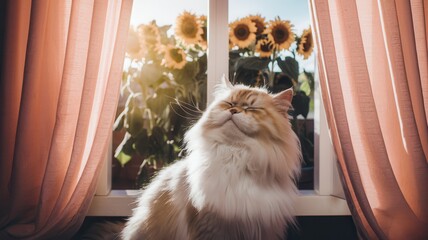 Fluffy white and grey cat sitting on windowsill, looking out to sunlit garden