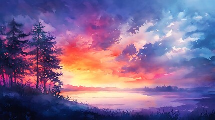 Obraz premium A Watercolor Landscape of Trees and a Sunset Over a Lake
