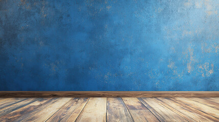 vibrant blue wall with wooden floor creates striking backdrop