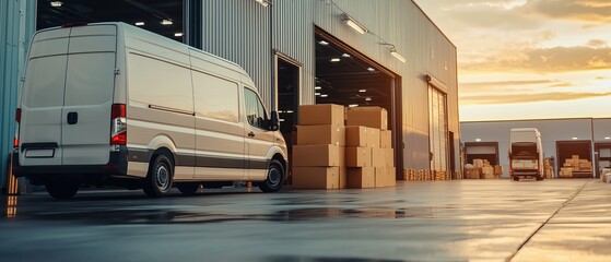 peaceful scene at logistics warehouse with an open door during sunset. Trucks are parked nearby, highlighting busy delivery operation in modern facility.