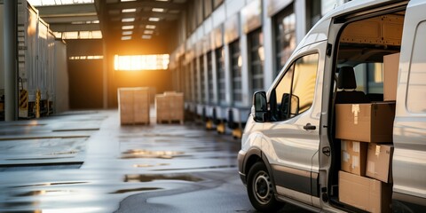 Obraz premium delivery van is parked at an open warehouse door during sunset, showcasing quiet moment in logistics operations. The interior is well-lit and organized for efficient unloading and storage.
